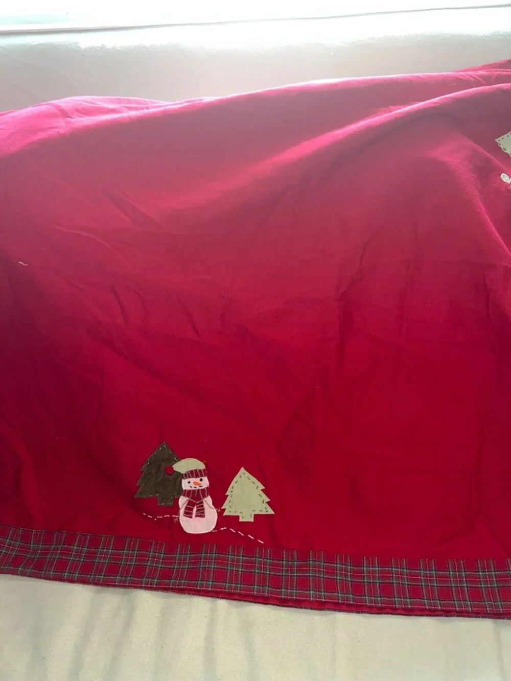 Pottery Barn Kids Red Christmas Tablecloth Snowman Tree Plaid Border Holiday